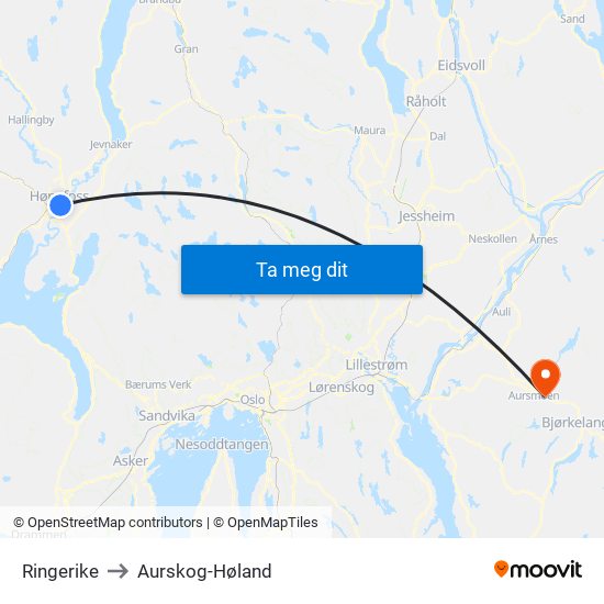 Ringerike to Aurskog-Høland map