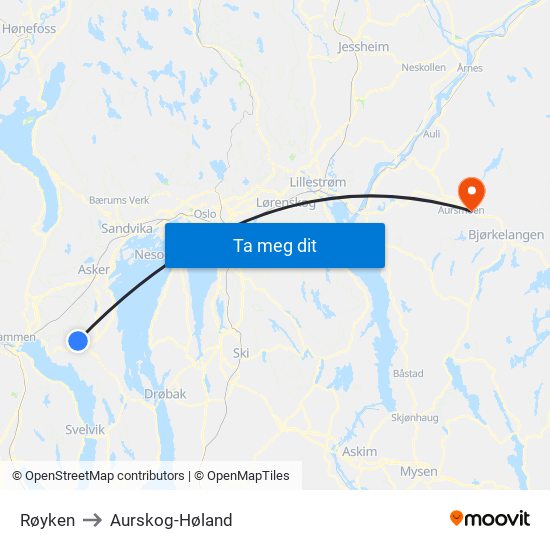 Røyken to Aurskog-Høland map