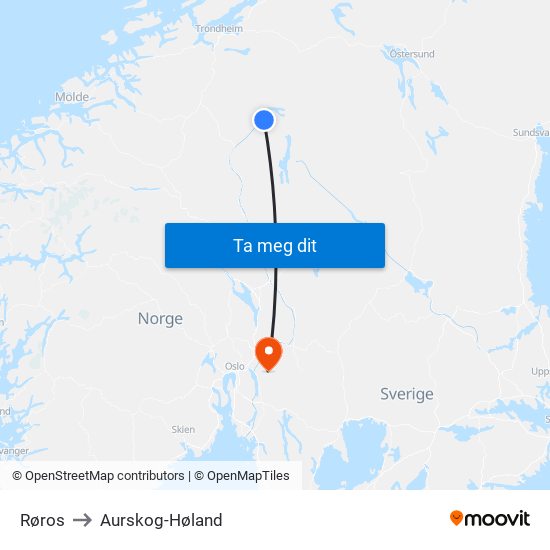 Røros to Aurskog-Høland map