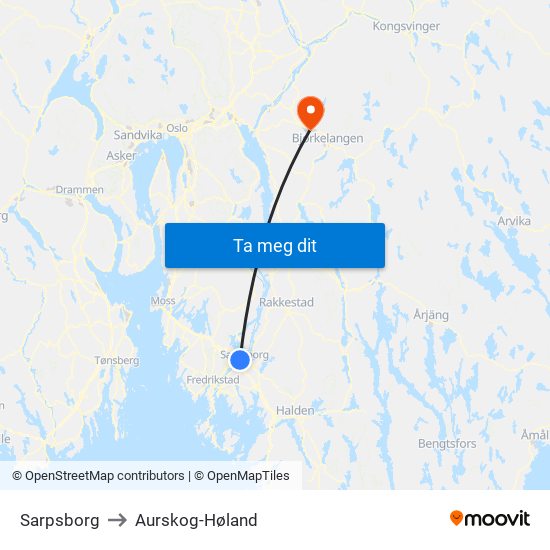 Sarpsborg to Aurskog-Høland map