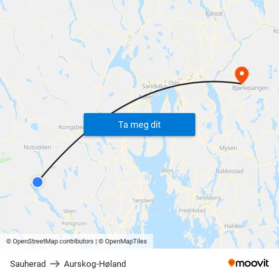 Sauherad to Aurskog-Høland map