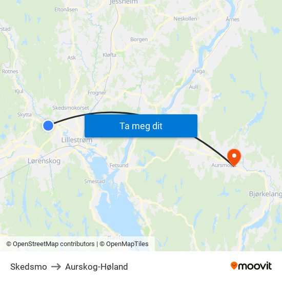 Skedsmo to Aurskog-Høland map