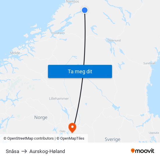 Snåsa to Aurskog-Høland map