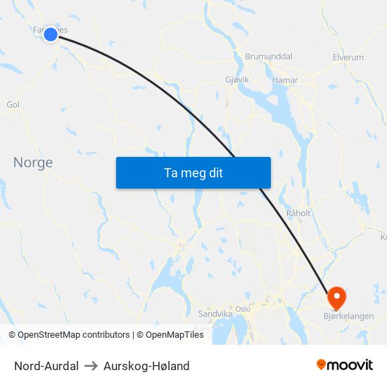 Nord-Aurdal to Aurskog-Høland map