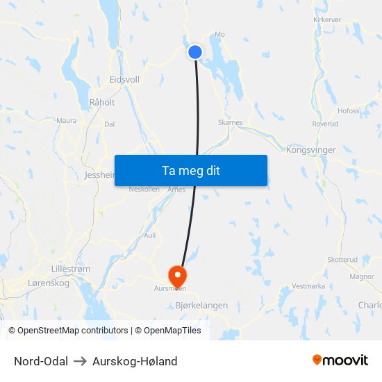 Nord-Odal to Aurskog-Høland map