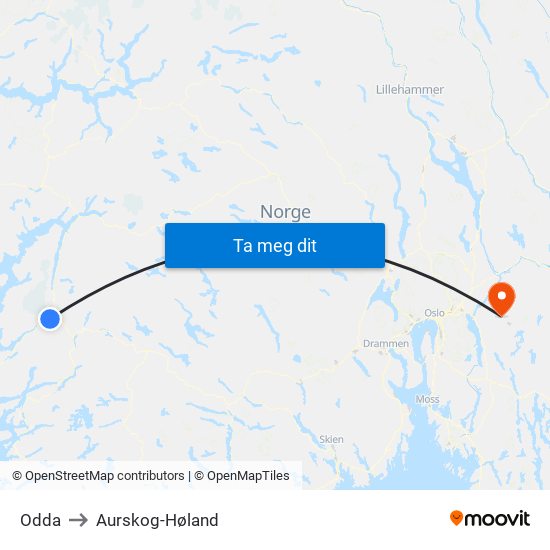 Odda to Aurskog-Høland map