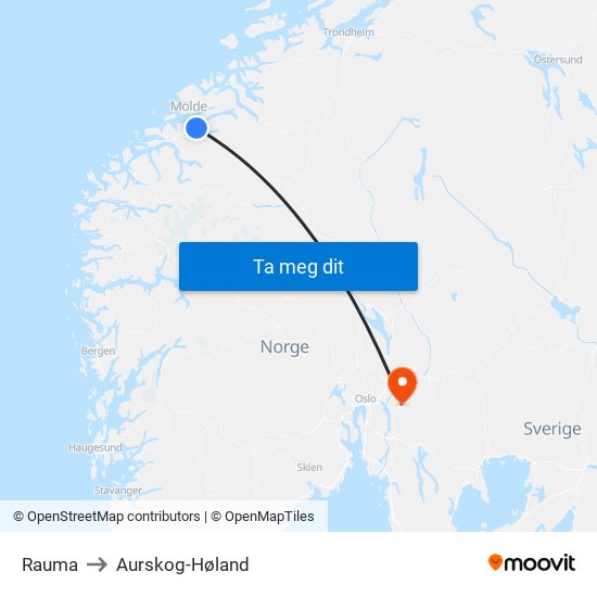 Rauma to Aurskog-Høland map