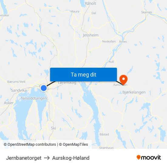 Jernbanetorget to Aurskog-Høland map