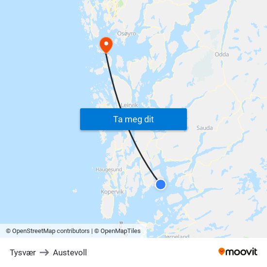 Tysvær to Austevoll map