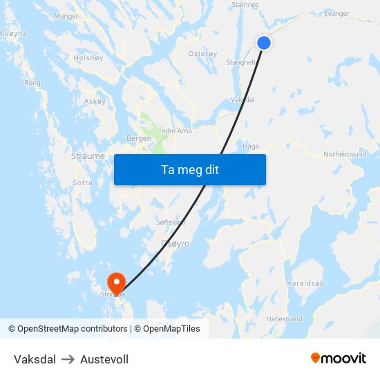 Vaksdal to Austevoll map