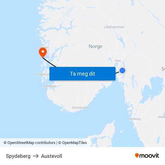 Spydeberg to Austevoll map