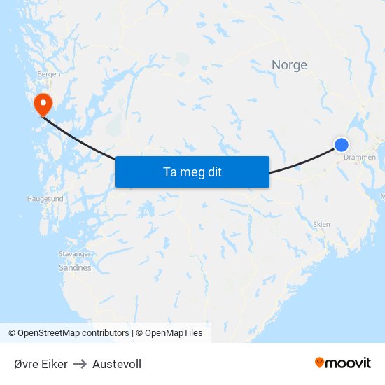Øvre Eiker to Austevoll map
