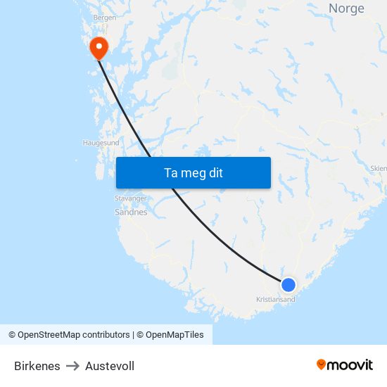 Birkenes to Austevoll map