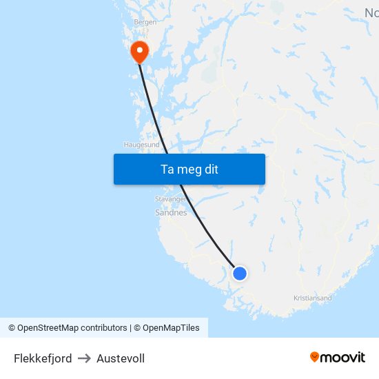 Flekkefjord to Austevoll map
