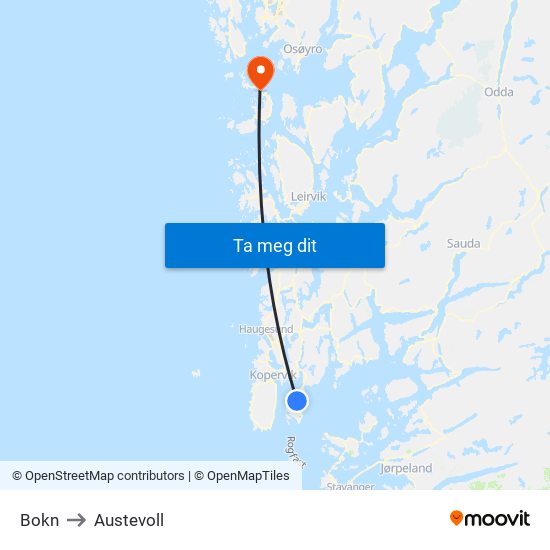 Bokn to Austevoll map