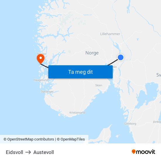Eidsvoll to Austevoll map
