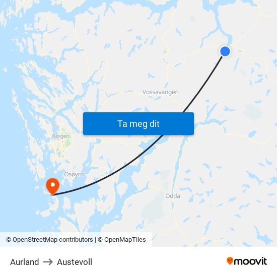 Aurland to Austevoll map