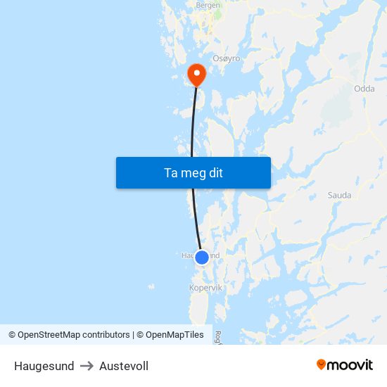 Haugesund to Austevoll map