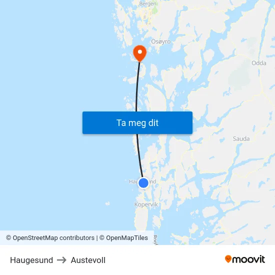 Haugesund to Austevoll map