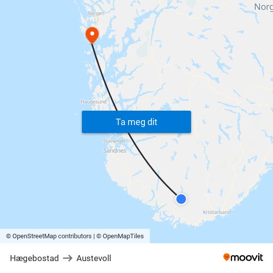 Hægebostad to Austevoll map