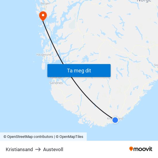 Kristiansand to Austevoll map