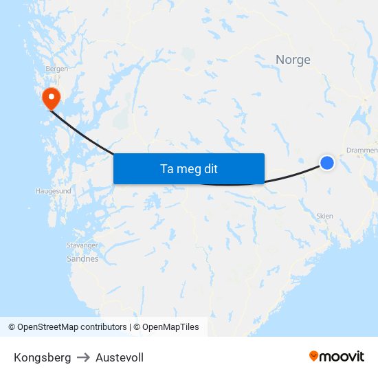 Kongsberg to Austevoll map