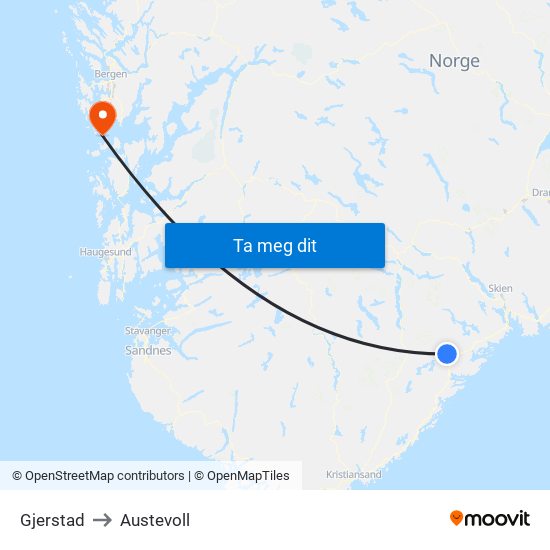 Gjerstad to Austevoll map