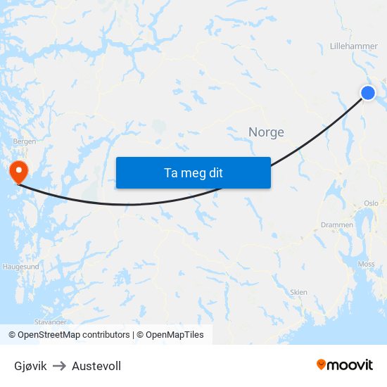 Gjøvik to Austevoll map