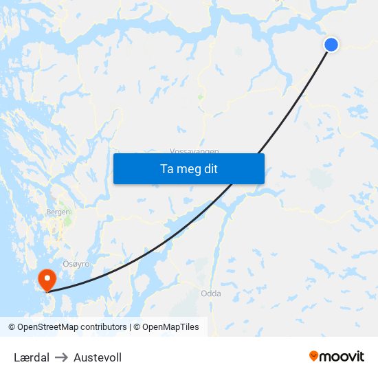 Lærdal to Austevoll map