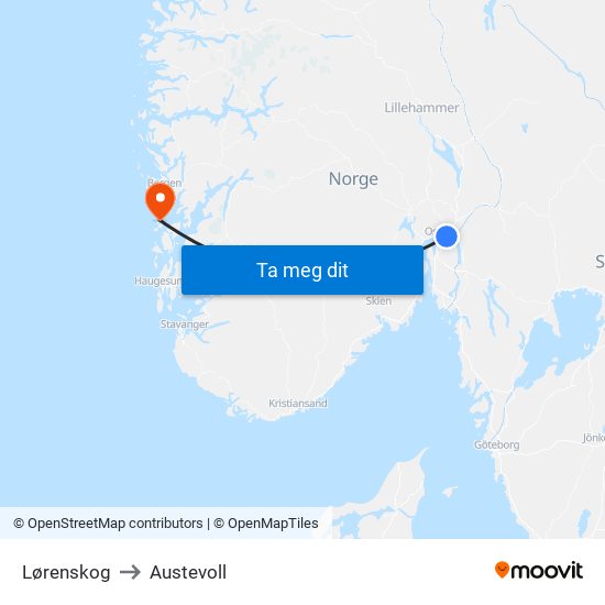 Lørenskog to Austevoll map