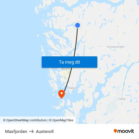 Masfjorden to Austevoll map