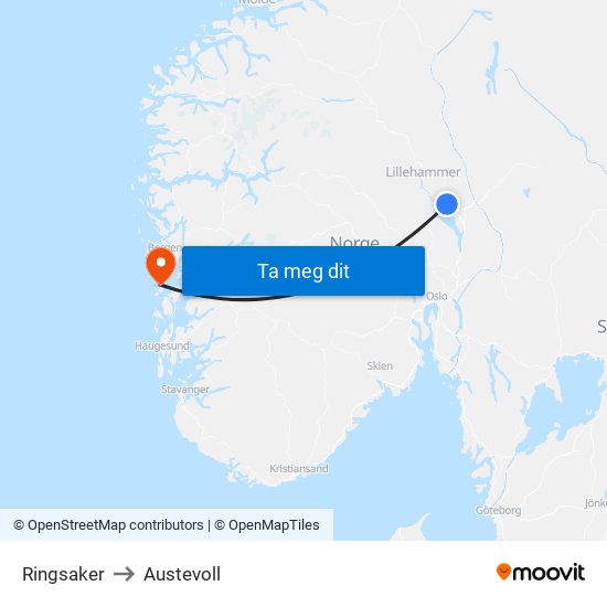 Ringsaker to Austevoll map