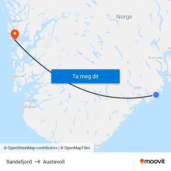 Sandefjord to Austevoll map