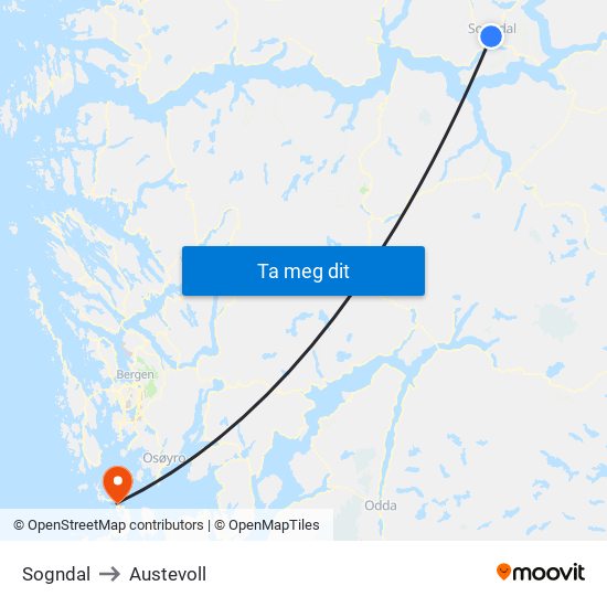 Sogndal to Austevoll map