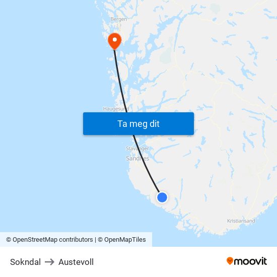 Sokndal to Austevoll map