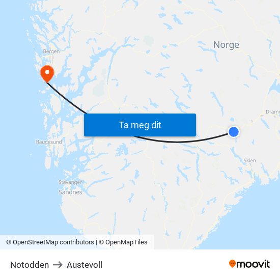Notodden to Austevoll map
