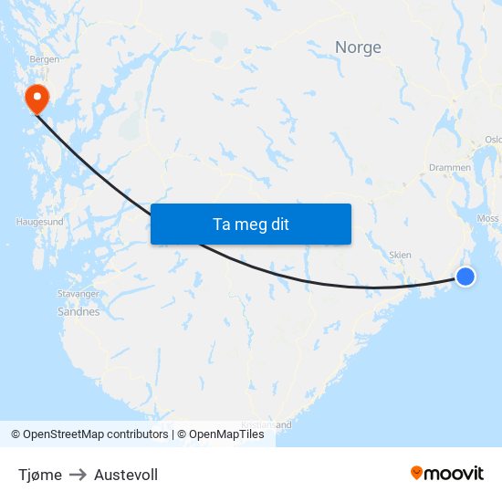 Tjøme to Austevoll map