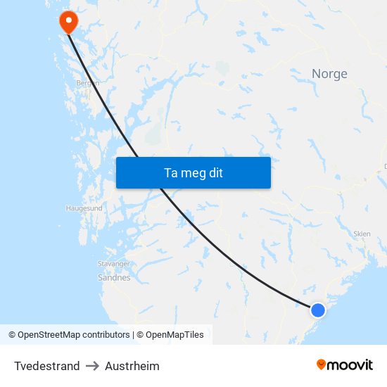 Tvedestrand to Austrheim map