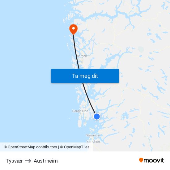 Tysvær to Austrheim map