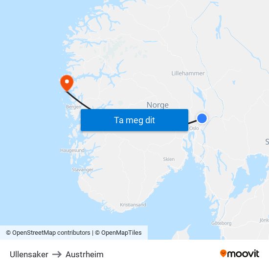 Ullensaker to Austrheim map