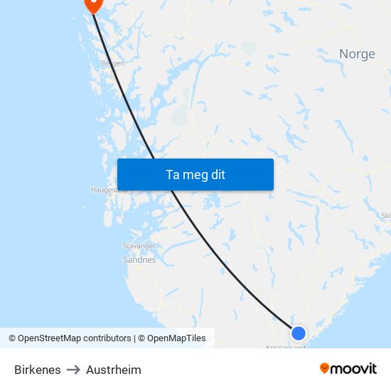 Birkenes to Austrheim map