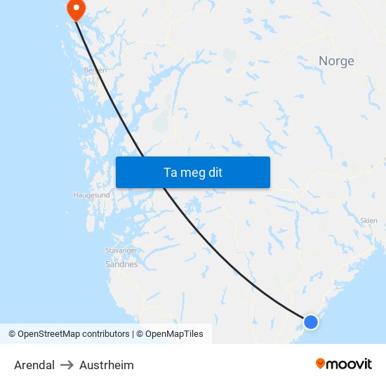 Arendal to Austrheim map