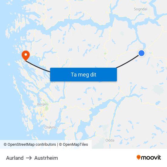 Aurland to Austrheim map