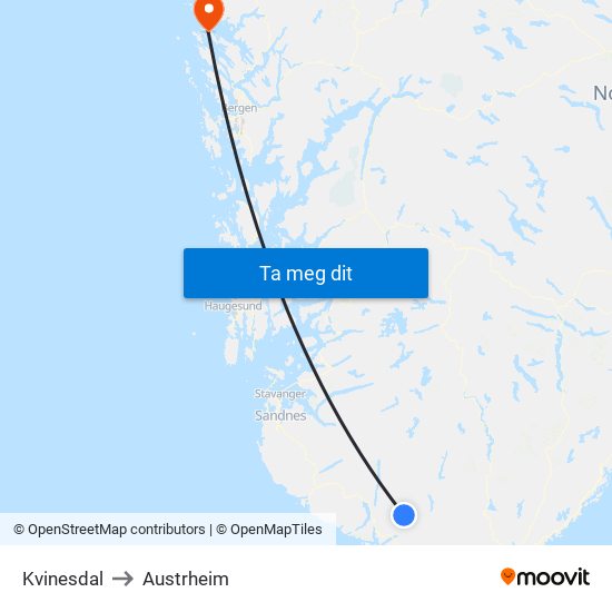 Kvinesdal to Austrheim map