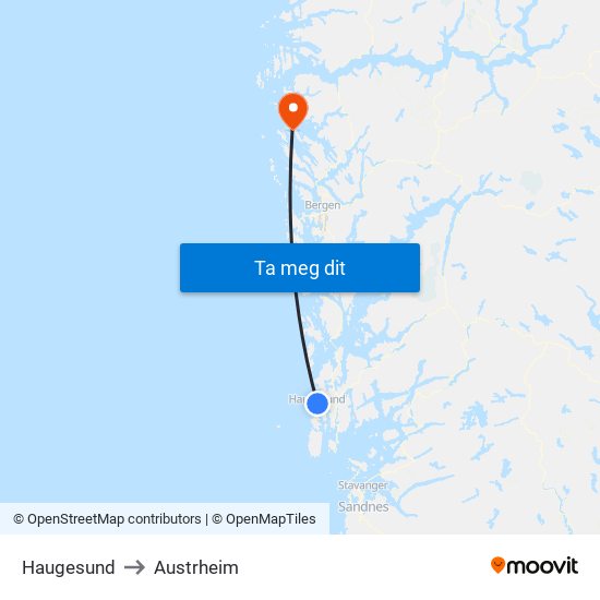 Haugesund to Austrheim map