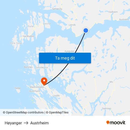 Høyanger to Austrheim map