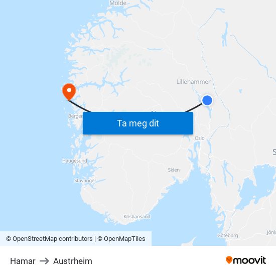 Hamar to Austrheim map