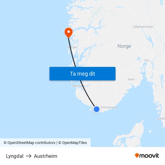 Lyngdal to Austrheim map