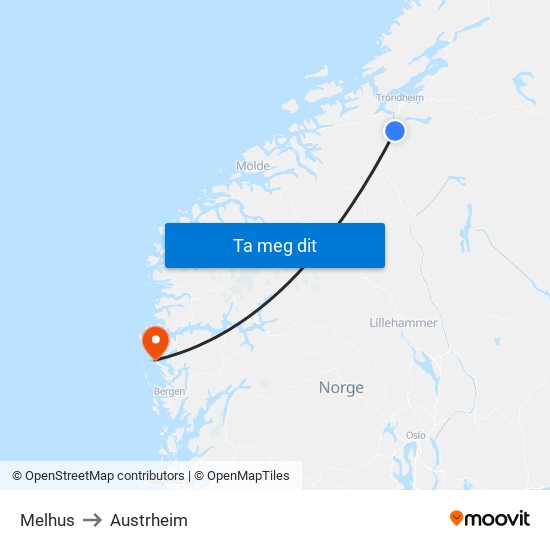 Melhus to Austrheim map