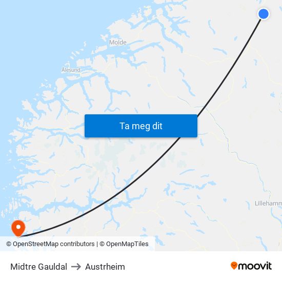 Midtre Gauldal to Austrheim map